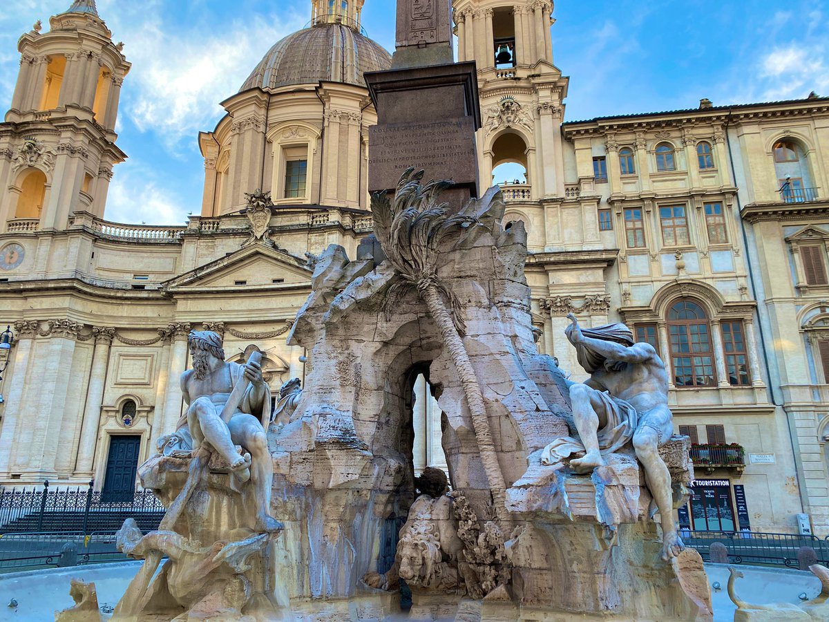 9/ Next up was a visit to Piazza Navona and my favorite fountain in the city: Bernini’s Four Rivers. Topped by a faux Egyptian obelisk by Domitian, it appears to float above the square!If that wasn’t enough, Navona also follows the original footprint of the Stadium of Domitian! &ndash; bei  Fontana dei Quattro Fiumi