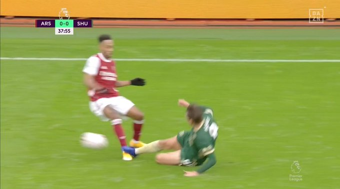 4. October. Berge tackle on Aubameyang. A yellow card was awarded, but it should have been red. Arsenal ends up winning that game 2:1 vs Sheffield. Referee: Lee Mason VAR:Andre Marriner