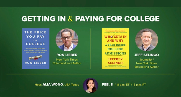 AHSCollege's tweet photo. Feb 8, 7PM Central. Join authors Ron Lieber (The Price You Pay for College) and Jeff Selingo (Who Gets In and Why) in a discussion about their latest books with USA Today higher ed reporter Alia Wong. 

The event is free.

https://t.co/qsk52N6YkR https://t.co/AuV1wb9f7p