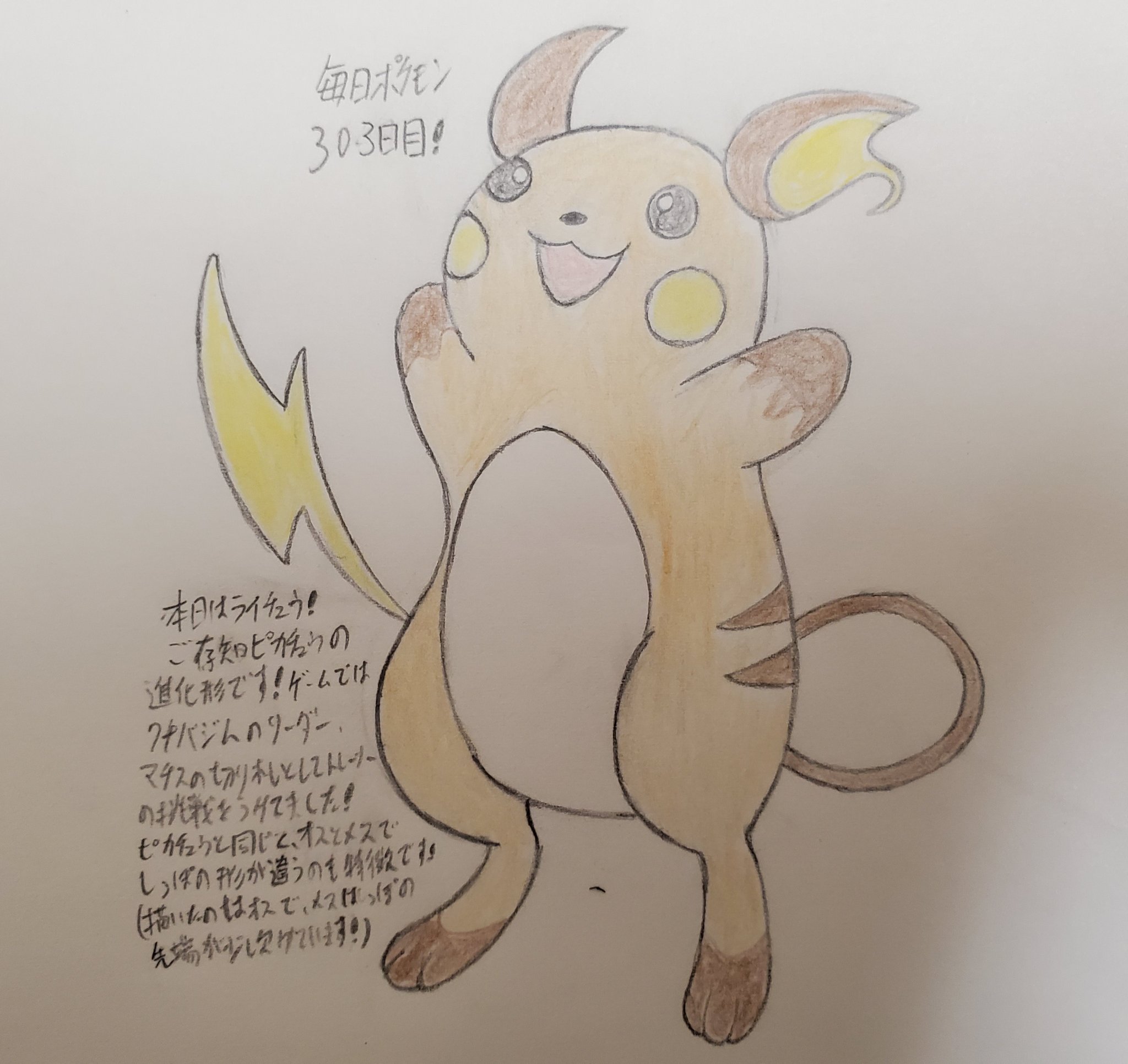 Runner Hiro Runrun 全速前進 毎日ポケモンお絵描き 303日目 本日はピカチュウの進化形で図鑑no 26のライチュウを描きました 2 6中に間に合わずすみません 茶色くて丸っこい手が コッペパン に似てるとされ公式でもカードにて コッペパンチ として