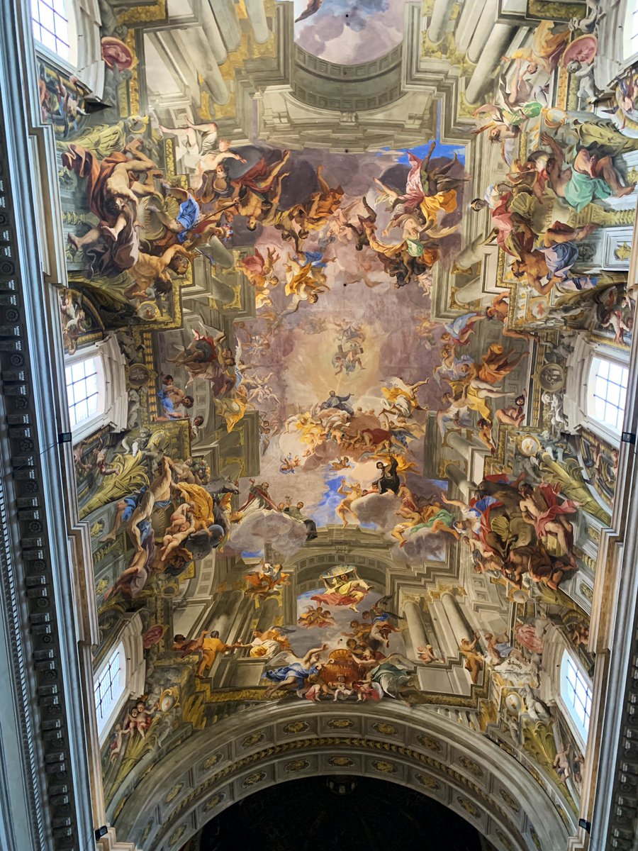 12/ Our last stop ended the walk with a bang! Just east of the Pantheon is the  #baroque  #church of St. Ignazio di Loyola. Built between 1626 & 1650, it’s home to one of my favorite ceilings in the city: Pozzo’s tricky Glory of St. Ignatius! &ndash; bei  Chiesa di Sant'Ignazio di Loyola