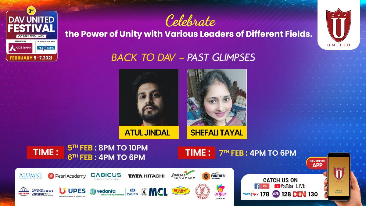 davunited_'s tweet photo. The prowess of a school can be measured by the success of its alumni… 
Our DAVians Atul Jindal &amp; Shefali Tayal have carved a distinct niche for themselves and contributed to the success of DAV United.
https://t.co/s3pqzyLFzN

#DAVUnitedFestival2021 #DAVUnited #FestivalFest https://t.co/LOtznfB3yo