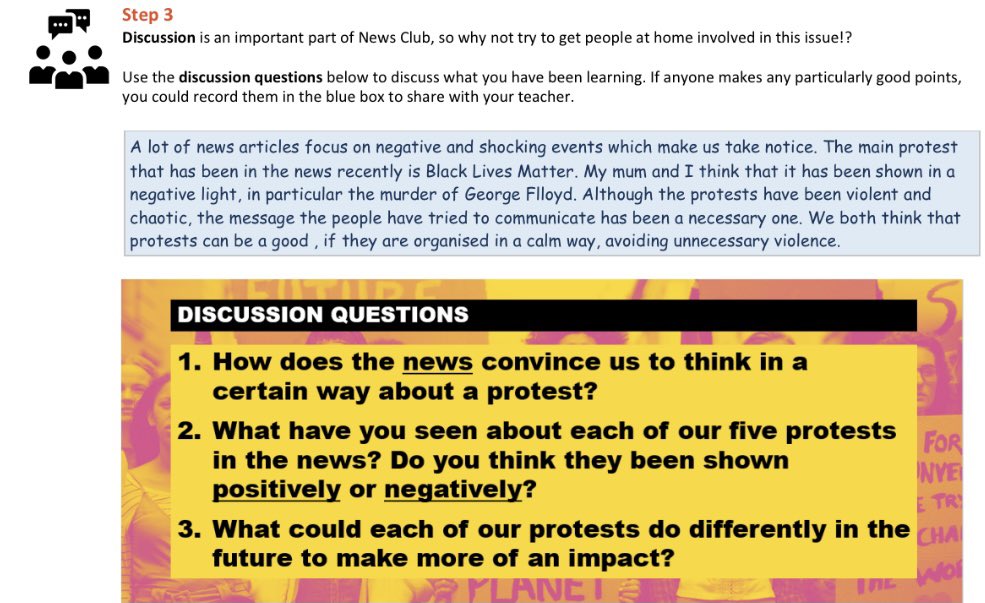 So proud of our S1 pupils, who are developing their #reasoning skills as they think about current affairs.  They have been considering the issue of protest, and this pupil and his mum discussed different perspectives on that issue.  #remotelearning <a href="/Econ_Foundation/">Economist Foundation</a>