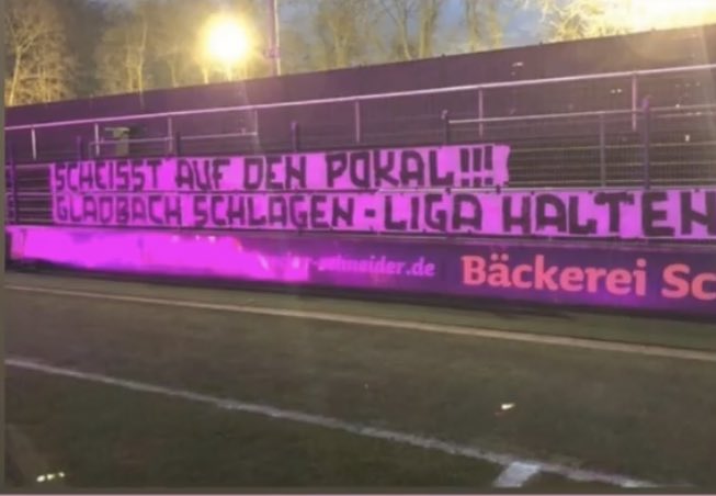 At training ahead of Saturday’s game against Gladbach, a banner at Cologne’s training ground demanded: “F*** the cup! Beat Gladbach - stay up!” #bmgkoe  #effzeh