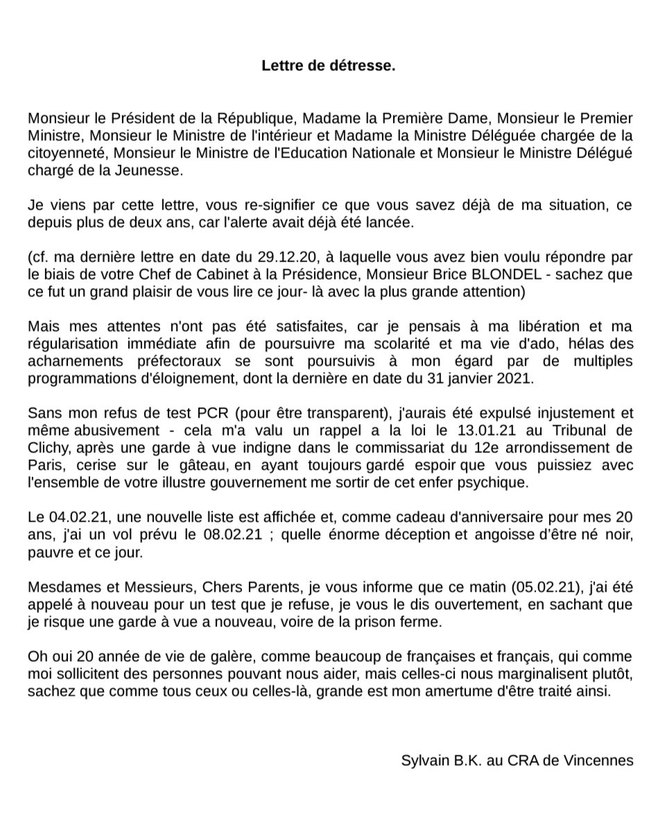 Lettre de Sylvain, élève du lycée Belliard enfermé au centre de rétention de Vincennes depuis le 30/11. Pour éviter une expulsion prévue lundi Sylvain a refusé de passer un test PCR. Il est en garde à vue et sera déféré au tribunal demain. Agissons ➡️ sudeducation75.org/article1488.ht…