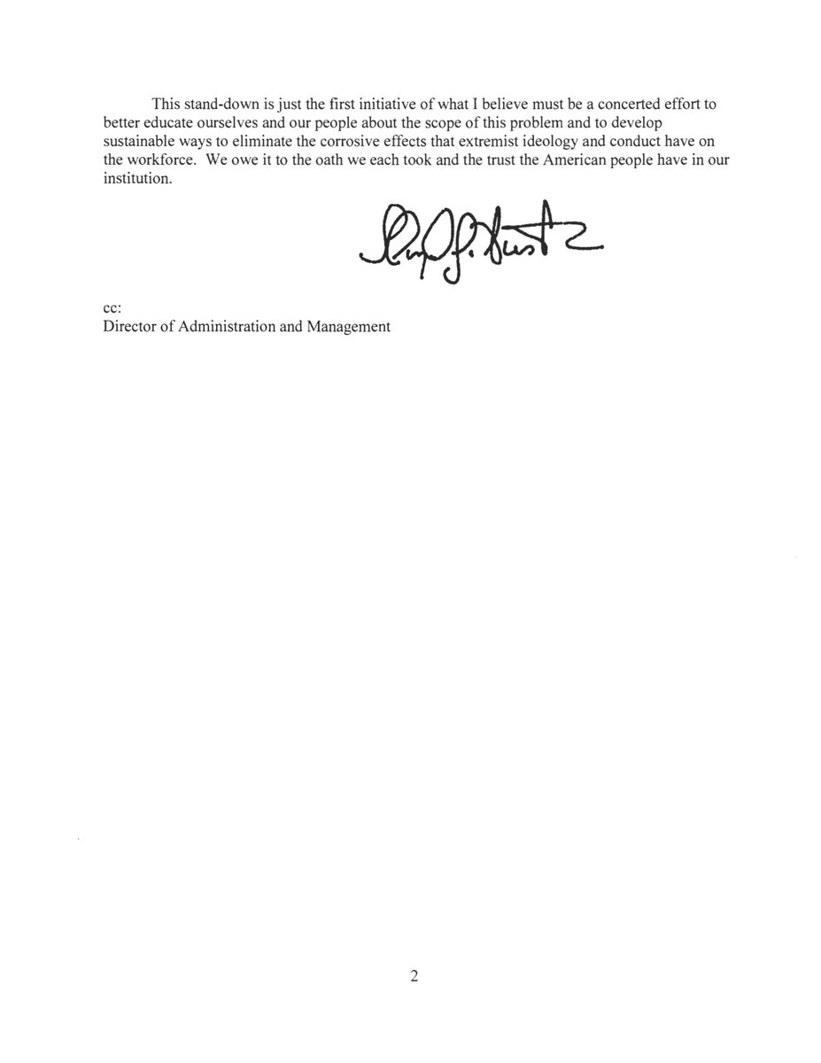 Yesterday, I directed all CO's and supervisors to select a date within the next 60 days to conduct a one day "stand-down" on extremism in the military. This is an opportunity for us to listen, learn, and try to find solutions -- and it's only a first step.