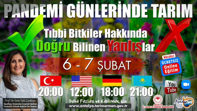 antalyaborsa's tweet photo. Hacettepe Üniversitesi'nden Prof. Dr. İrem Tatlı Çankaya, Tıbbi Bitkilerde Doğru Bilinen Yanlışlar Programının ilk dersinde Etnobotanik ve Tıbbi Bitkilerin Temini&amp;Bilimsel Olarak Değerlendirilmesi konularını anlatacak.

⏰20:00'de kaçırmayın 

https://t.co/7Vz7F03Wap https://t.co/T23RR8gvzP