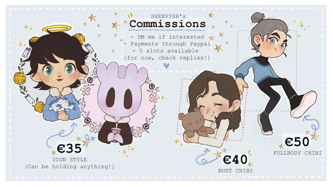 ⭐️Commissions are open!⭐️
?DM me if interested
?All payments through Paypal
?5 slots available (for now! Updates in replies) 
