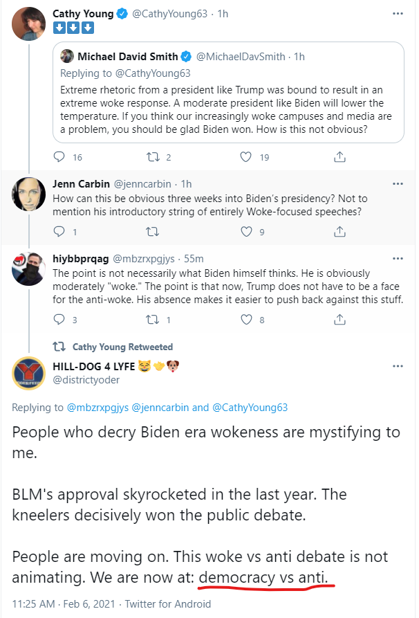 I've said it before, and I'll repeat it now. The cryptowoke are right that the *cultural* conditions are much more favorable to pushing back on Wokeness than they were under Trump, but they don't understand the conditions we live in now, this make a losing argument.