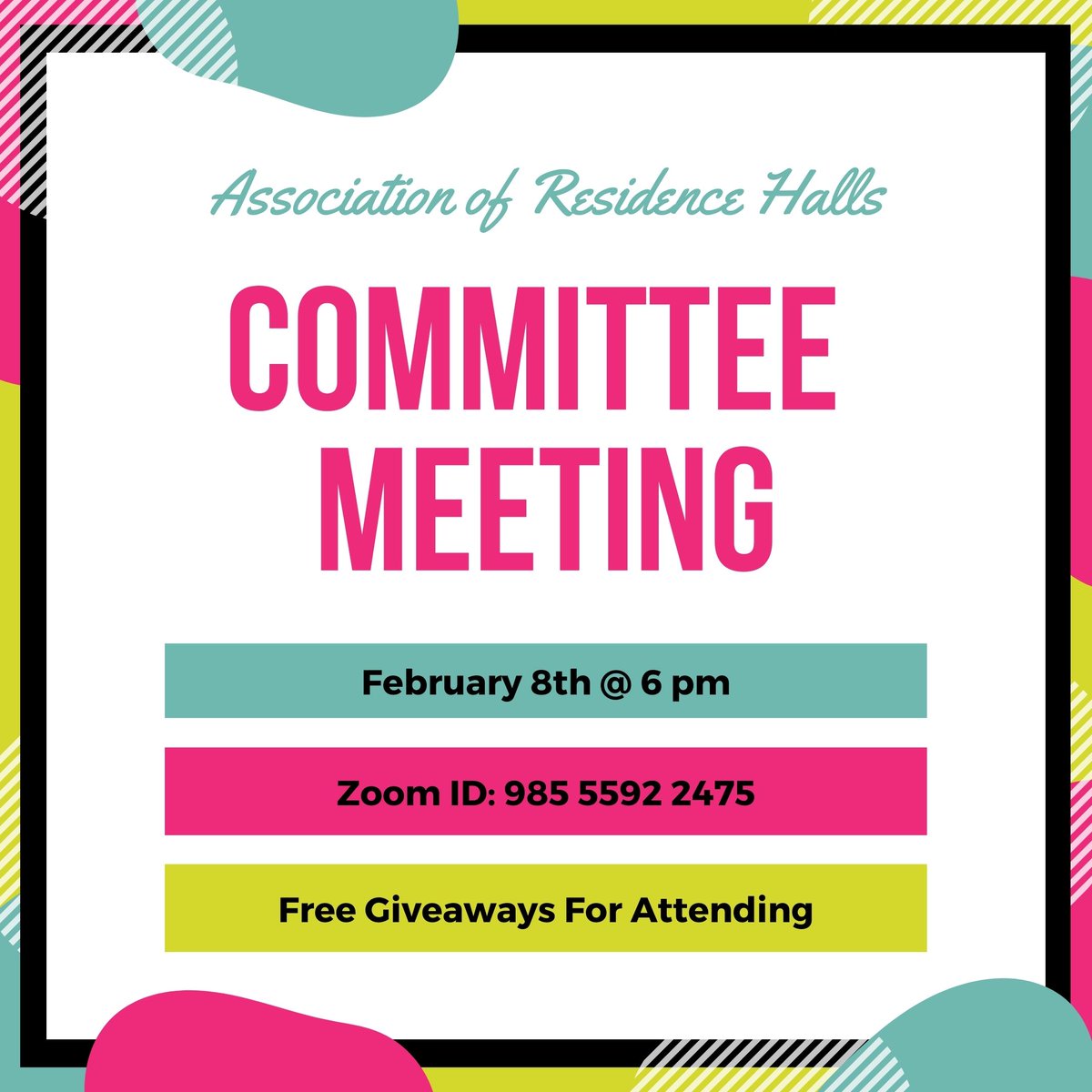 ARHatISU's tweet photo. Join our Committee Meeting over Zoom on February 8th @ 6pm to learn more about the different committees you can join and how you can give input to improve the residence halls and student life. Free giveaways for attending!! (Zoom ID: 985 5592 2475) https://t.co/rNU1rV9wvf