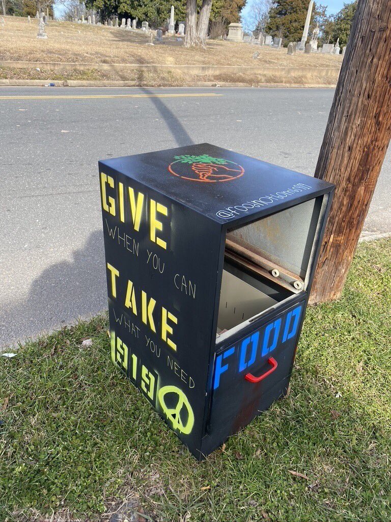 foodnotbombs919's tweet photo. This little pantry is on Moreland and Morehead in Durham. Someone took the entire top drawer and we are assuming they needed it! 
If you have a spare drawer we’d love it. 
Please feel free to drop off food and/or take what you need ✨ https://t.co/6mfpcbEWwv