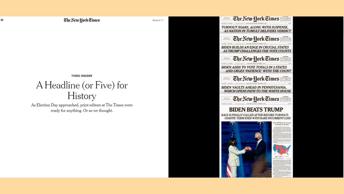 7/x Fans of  @Sree's Sunday  #NYTReadalong will appreciate this piece written by  @sae722 and  @georgevecsey's son, Dave about the headlines used in the  @nytimes  #ElectionNight coverage.Join us Sunday at 8:30am ET. Live or Later.cc:  @TomJolly  https://www.nytimes.com/2020/11/21/insider/banner-headline-election.html