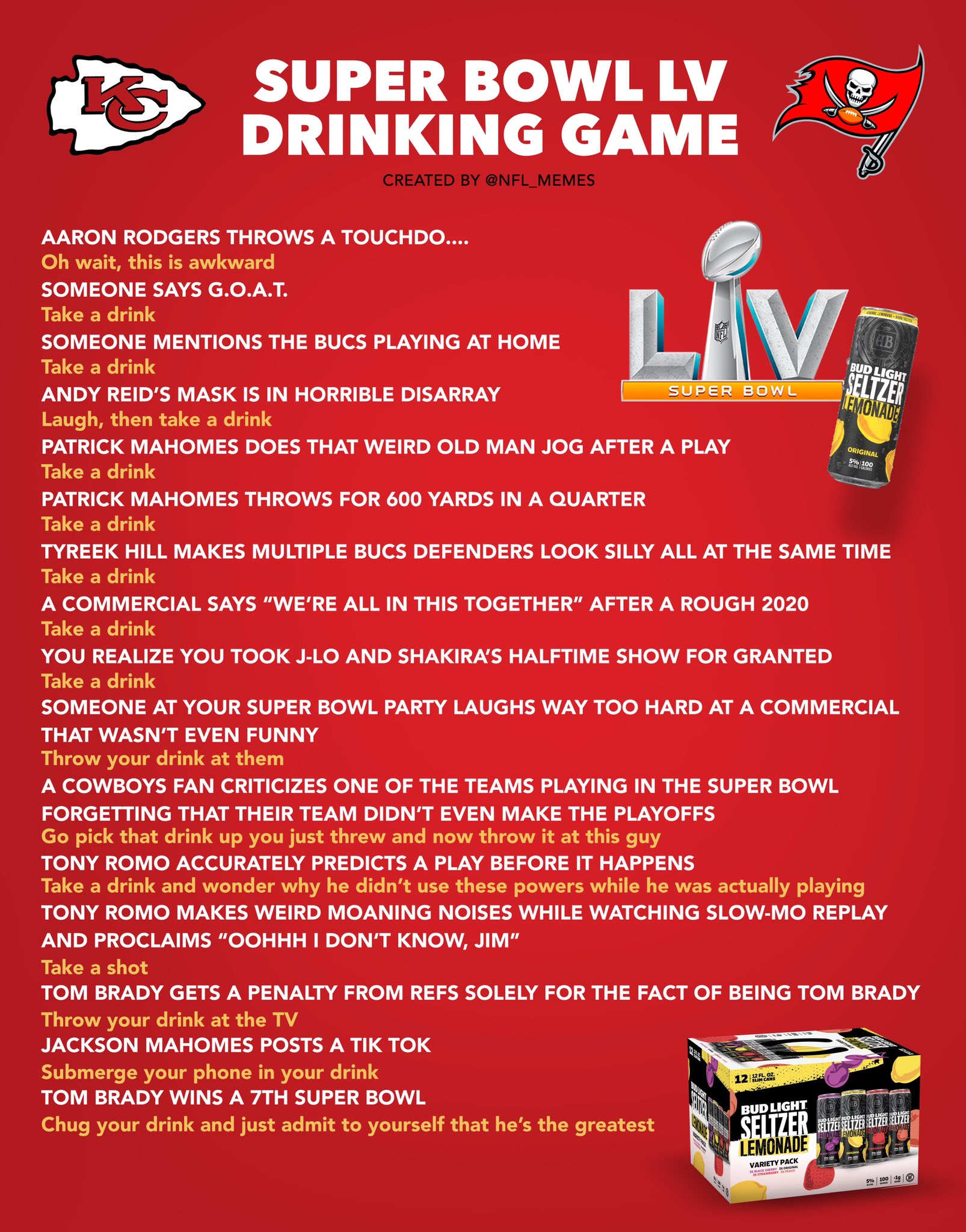 NFL Memes on X: Super Bowl LV Drinking Game #LemonsIntoLemonade   / X