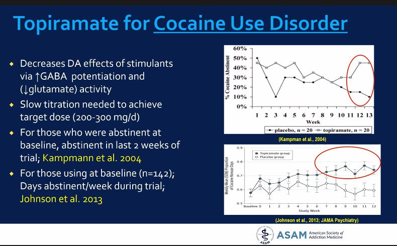 7/ How about topiramate for  #cocaine - has a signal, may be helpful particularly in patients with AUD, didn't help in patients on methadone