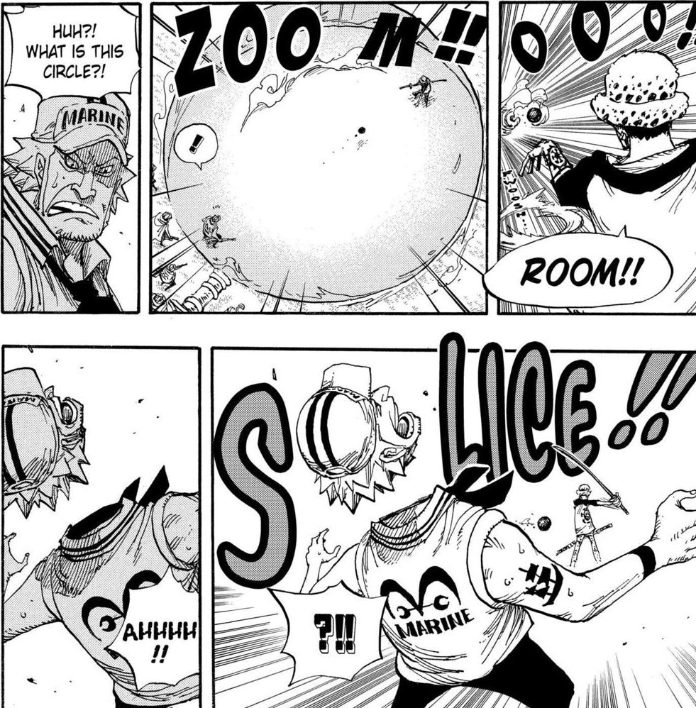 PARTIE 2: analyse de son traitement au combatLes capacités de Law ont été introduites à l’arc Sabaody comme pour tous les autres SN, cependant ce n’est qu’à partir de l’arc Punk Hazard qu’on a réellement pu voir une bonne partie de ses techniques.