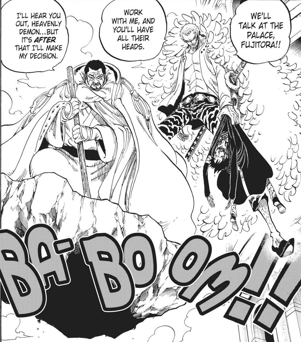 D’autant plus que ce combat n’avait pas pour objectif de montrer de la baston, mais au contraire de faire avancer le scénario de l’arc via la révélation de Doffy ancien DC, Fujitora s’alliant à Doffy ainsi que le groupe de Sanji qui est directement parti à Zou.