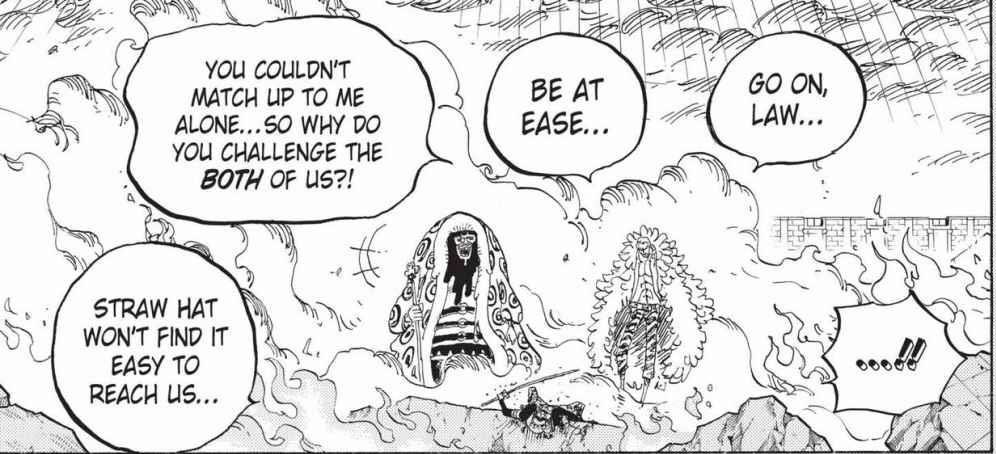 Dernier affrontement:Luffy&Law vs Doffy&Trebol&BellamyRien qu’au vu du titre, on se doute que ce n’est pas un simple 1v1.En effet c’est un combat qui a commencé en 2v3, puis qui a tourné en un 1v1 Luffy/Bellamy et en 1v2 Law/Doffy&Trebol.
