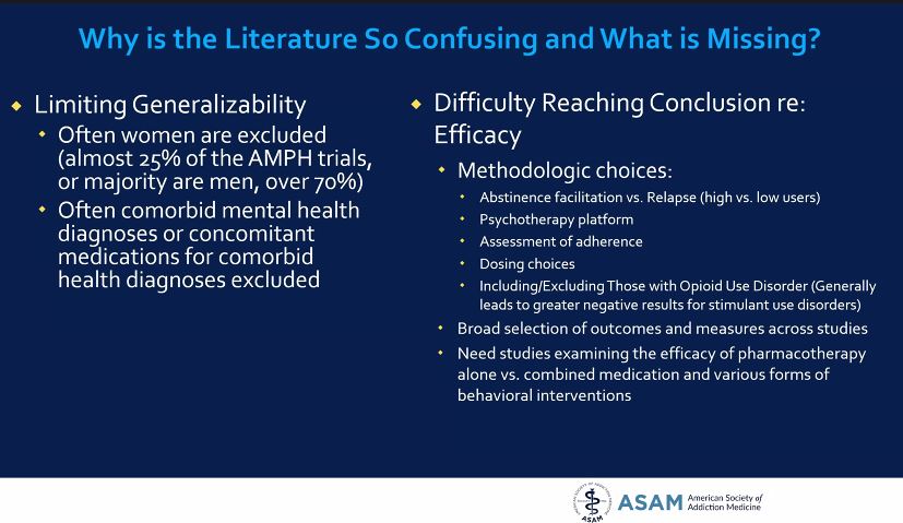 11/ What is missing in the literature for stimulant treatment - women and folks with comorbid mental health are missing, need consistent outcomes