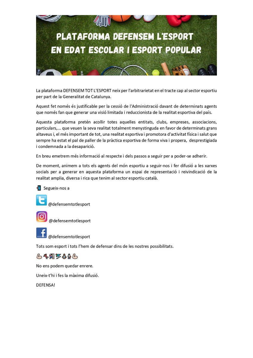 La plataforma neix per l'arbitrarietat en el tracte cap al sector esportiu per part de la <a href="/gencat/">Generalitat de Catalunya</a>. Aquest fet només és justificable per la cessió de l'Administració davant de determinats agents que només fan que generar una visió limitada de la realitat esportiva del país.