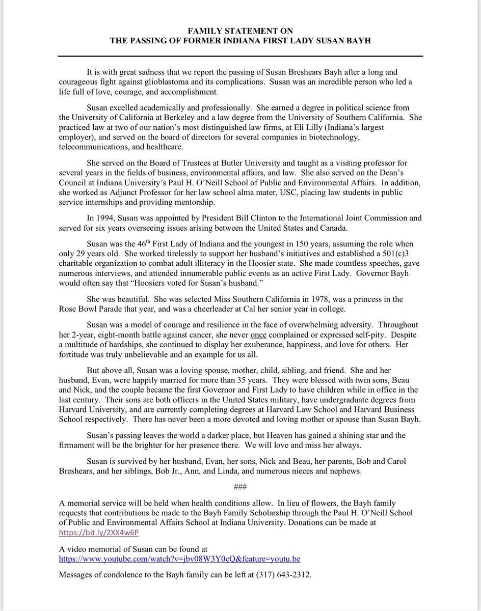 SenEvanBayh's tweet image. It is with great sadness that we report the passing of former Indiana First Lady Susan Bayh.  Susan passed away last night at the age of 61