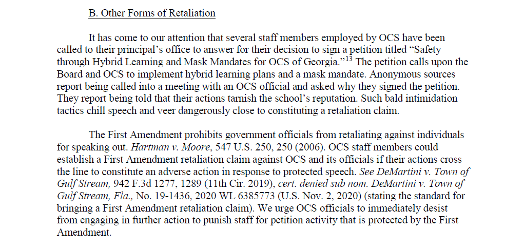 Anonymous sources report that OCS staff who signed a petition pushing for heightened COVID-19 safety measures were called into their principal's office and confronted about their petition activity. Signing petitions is core protected conduct under the First Amendment.