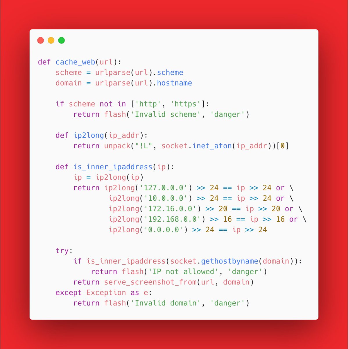 This looks like a pretty secure implementation right?
🧑‍🔧 Here's how IP based restrictions susceptible to TOCTOU are vulnerable to SSRF through DNS Rebinding, with this writeup of a task I made with <a href="/makelarisjr/">makelarisjr</a> for the <a href="/hackthebox_eu/">Hack The Box</a>  x UNI CTF Quals.

sec.stealthcopter.com/htb-ctf-writeu…