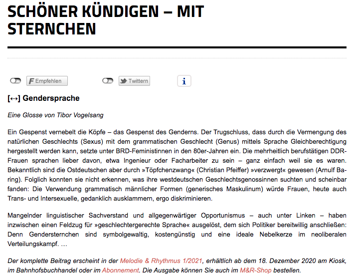 kentrail_ticker's tweet photo. Das Magzin "Melodie und Rhythmus" kämpft jetzt auch gegen den #Gendermainstream: Das Gendersternchen wird als "ideale Nebelkerze im neoliberalen Verteilungskampf" bezeichnet.
#framing #rechteHetze
#facepalm #nichtsgelernt https://t.co/nlrX1bRCxS