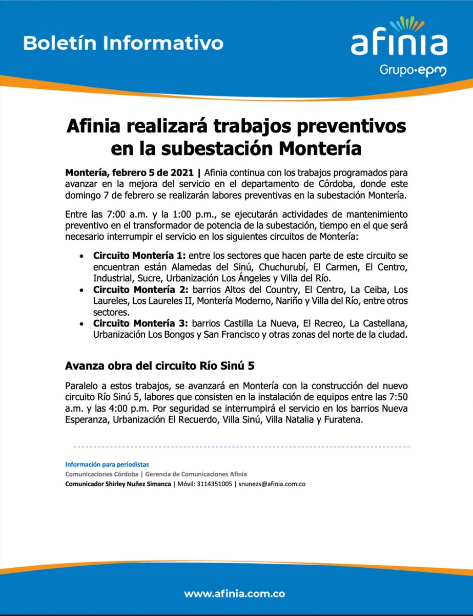 AfiniaGrupoEPM's tweet photo. #AfiniaEnCórdoba continua con los trabajos programados para avanzar en la mejora del servicio en el departamento del departamento, donde mañana 7 de febrero se realizarán labores preventivas en la subestación #Montería. 👇🏼 https://t.co/7XahmCsExq