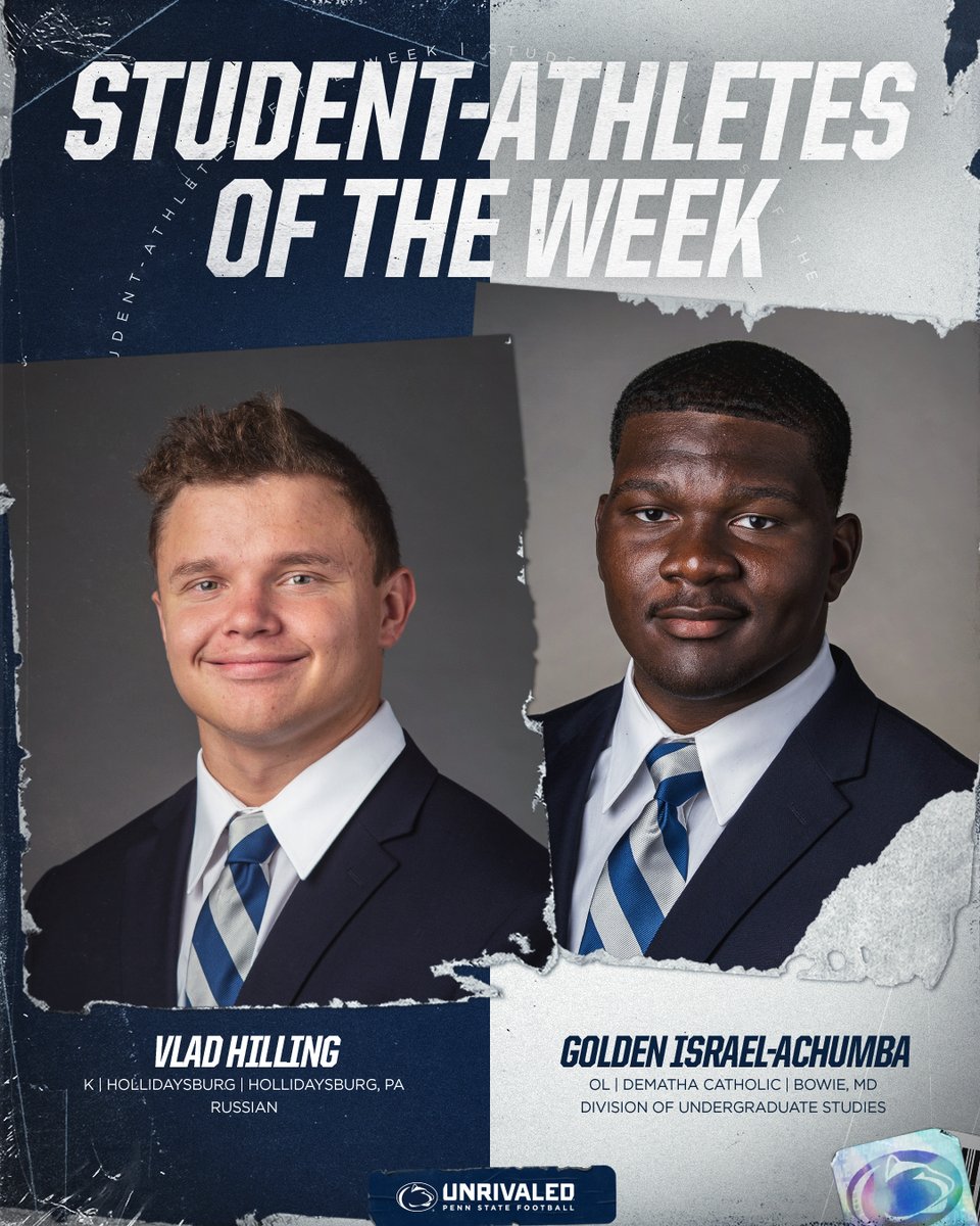 PennStateFball's tweet photo. Vlad Hilling (@vladhilling) &amp; Golden Israel-Achumba (@BigDogGolden70) are our Student-Athletes of the Week! 

Great work, fellas! 📚💪

#WeAre https://t.co/17u8KqGkyG