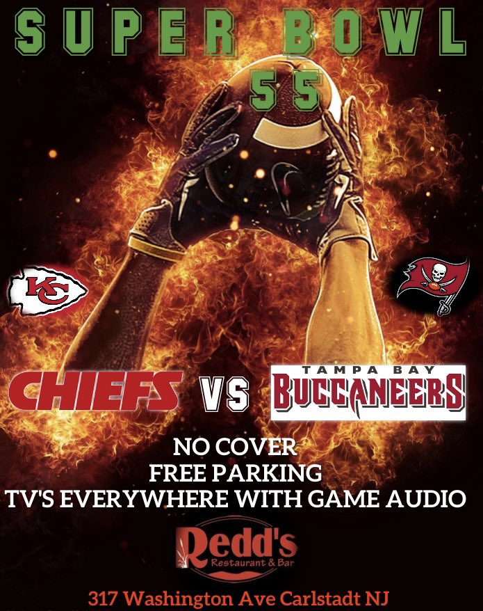 🏈Super Bowl 55🏈<a href="/reddsrestaurant/">Redd's Restaurant</a> 
WATCH THE FULL GAME! OPEN TIL 11PM!
FREE Entry &amp; Free Parking🚘 
TV’s Everywhere With Game Audio📺 

Redds
317 Washington Ave
Carlstadt NJ 07072

#superbowl #superbowlparty #superbowl55 #superbowlsunday #party #drinks #food #football