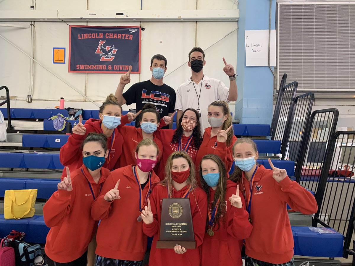 LincolnCharter's tweet photo. Congratulations to our swimmers! Girls are now the '20-21 1A/2A West Regional Champions, and men had a top-three relay with Blake Nelson qualifying for States! 

#LCSEagles #EaglesSoar https://t.co/ew3tVFDMuS