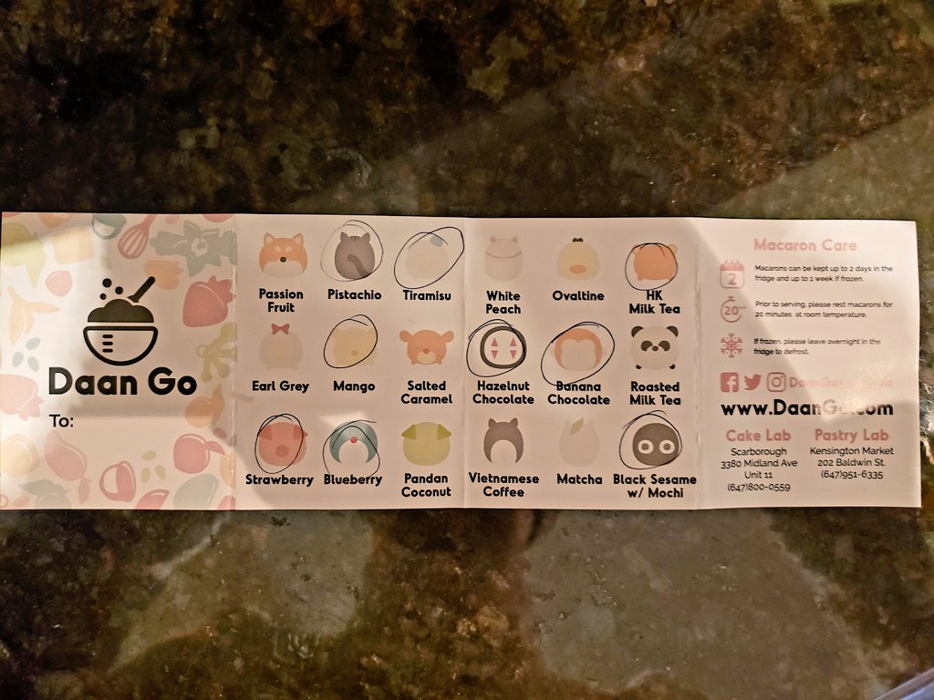 CWangTO's tweet photo. Picked up delish asian-inspired #macarons from #DaanGoCakeLab today (inspired by @jeaniebabie82). Their cakes are heavenly as well.
As a new #fangirl customer, I'm going to be cheering on @Baker_Siu on #masterchefcanada season 7! π£ https://t.co/38V0t01zwk