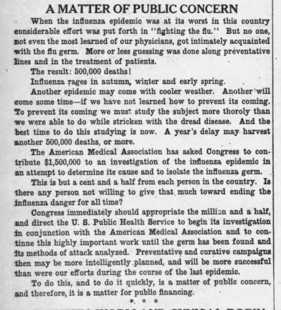 Articles came out in favor of the bill to put aside $1.5 million to investigate influenza in mid-1919. Many were worried that influenza would become a regular occurrence without further research to understand its spread. (Wisconsin State Journal, 06/21/1919)
