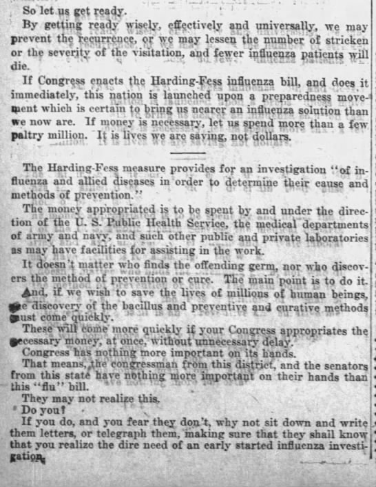 The Harding-Fess Measure must be passed. "Congress has nothing more important on its hands." (Sheboygan Press, July 29, 1919)