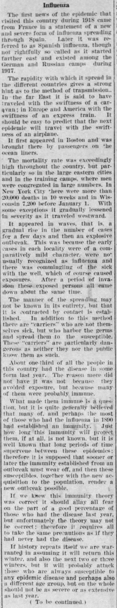 A year out from the first deaths in central Wisconsin, articles appeared as people geared up for a second wave.(Stevens Point Journal, 10/4/1919)(Wood County Reporter, 10/9/1919)