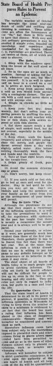 New rules were prepared for the possible coming epidemic, similar to the ones that had been instituted the previous year. (Wausau Daily Herald, 10/15/1919)