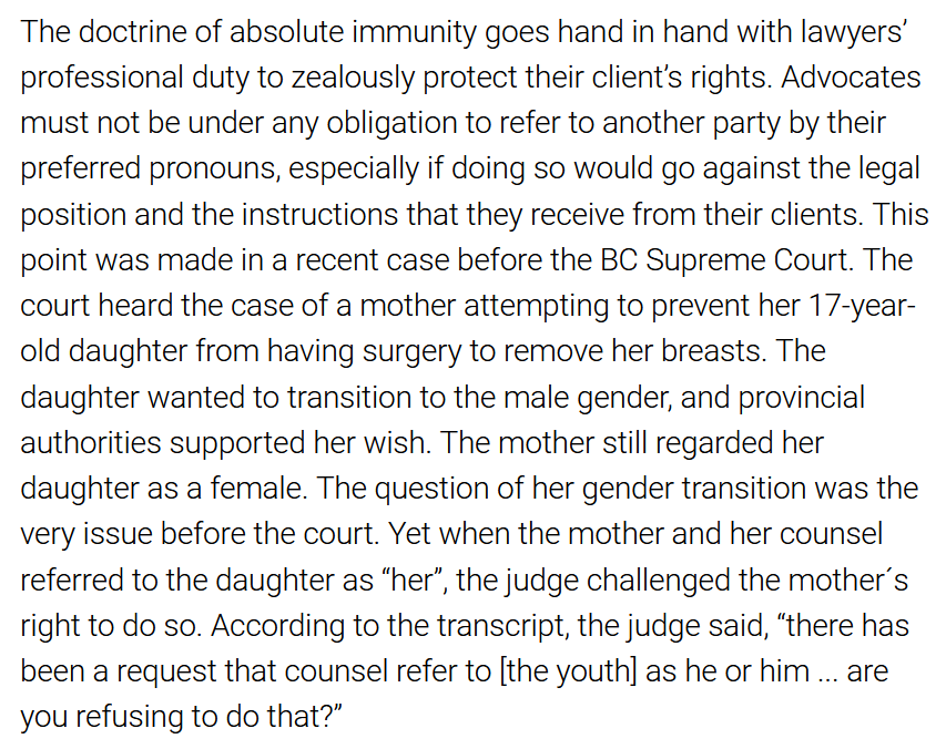 Fucking hell. That was Australian dystopia, and now for some Canadian hell:A mother who did not want her healthy 17-year-old daughter to get her breasts removed was forced by the judge in court to refer to her daughter as male.Fucking diabolical. https://www.canadianlawyermag.com/news/opinion/british-columbias-practice-directions-on-preferred-gender-pronouns-in-court-are-problematic/337574