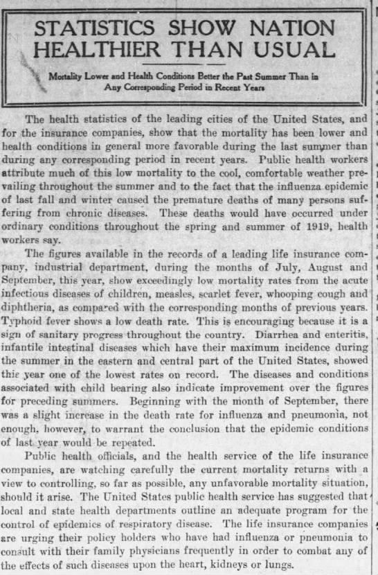 The health statistics in the summer following the first surge of the epidemic showed the country in better health than in any comparable time period in years. (Marshfield News, 12/11/1919)