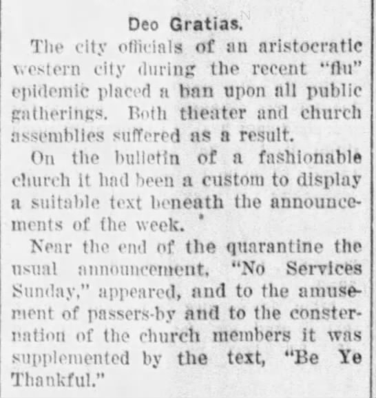 Churches were closed for a brief time again in early 1920, and some funny stories resulted. (Stevens Point Journal 01/12/1920)