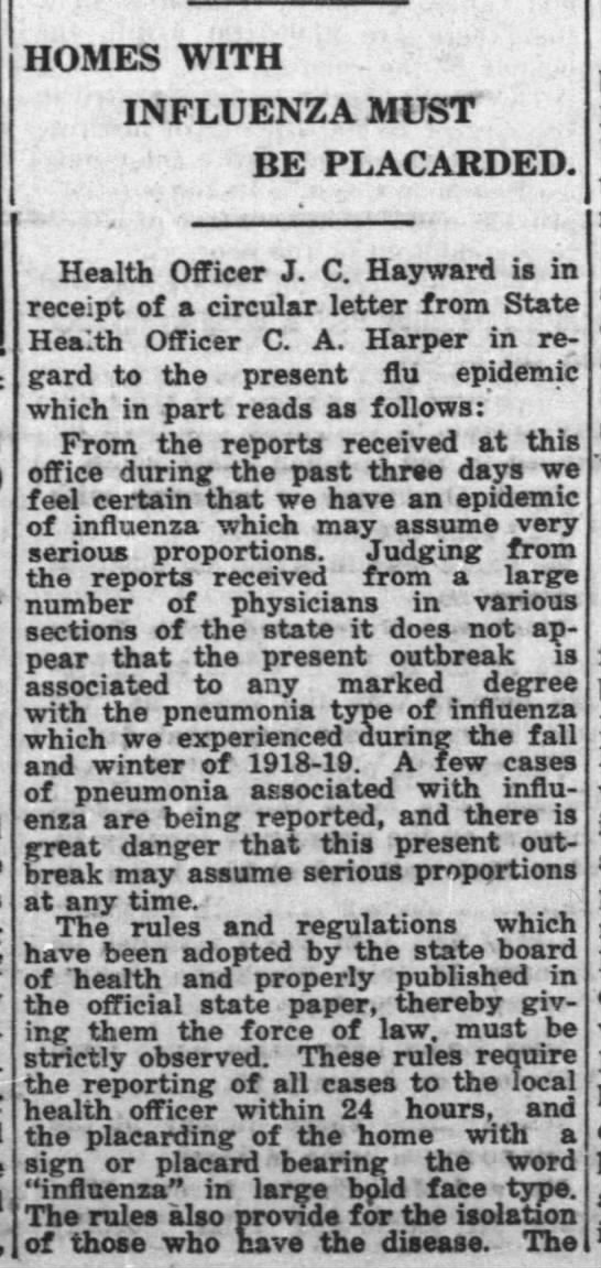 Homes where illness was present were placarded in Marshfield during the epidemic's recurrence in 1920. (Marshfield News, 1/29/1920)
