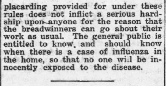 Homes where illness was present were placarded in Marshfield during the epidemic's recurrence in 1920. (Marshfield News, 1/29/1920)