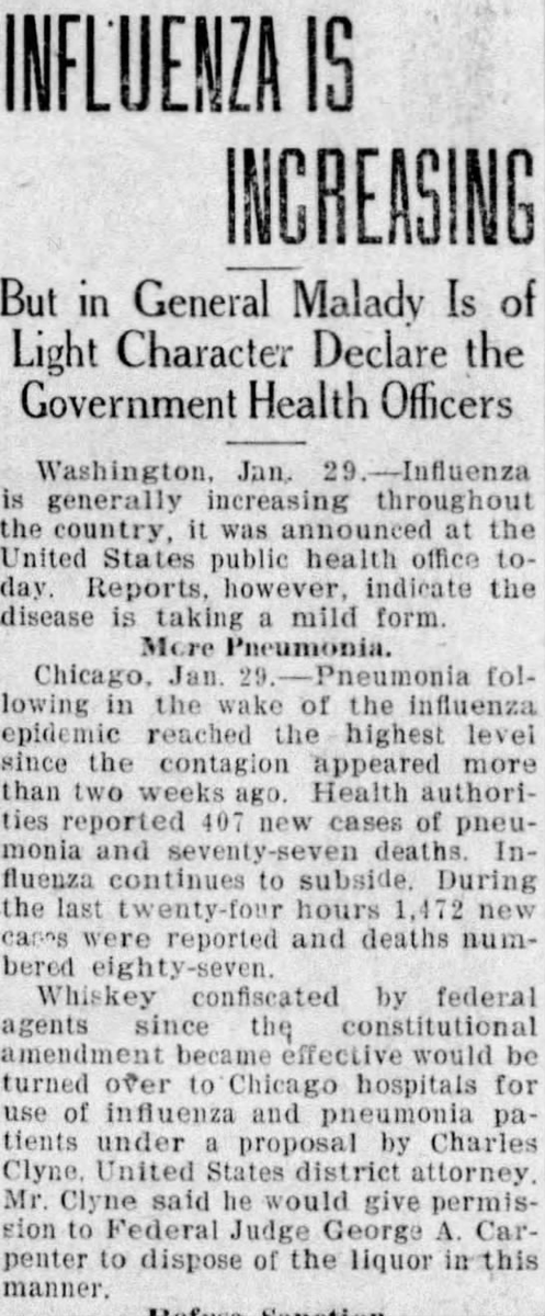 Prohibition began on January 17, 1920, and Charles Clyne, a US district attorney in Illinois, proposed that liquor seized by federal agents should be used in hospitals for pneumonia and influenza patients. (Wausau Daily Herald, 1/29/1920)