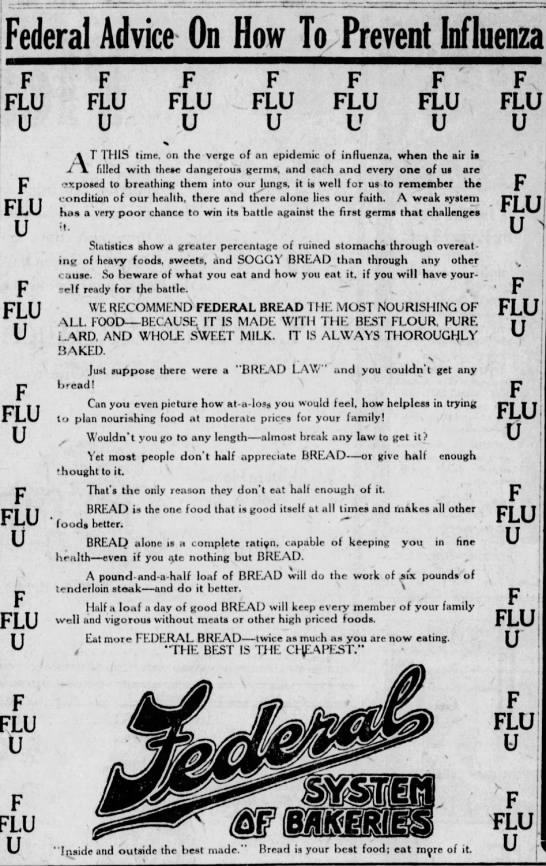 Even in 1920, as the epidemic was dissipating, businesses tried to capitalize on it. I hope the graphic designer who came up with this FLU border got a raise. (Green Bay Press Gazette, 1/30/1920)