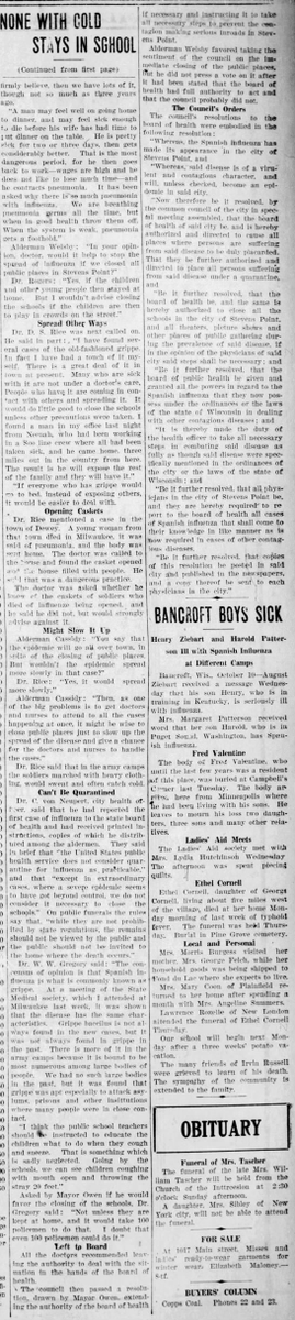 In Stevens Point, the board of health announced that any students who showed signs of a cold must be sent home from school immediately. (Stevens Point Journal, 10/10/1918)