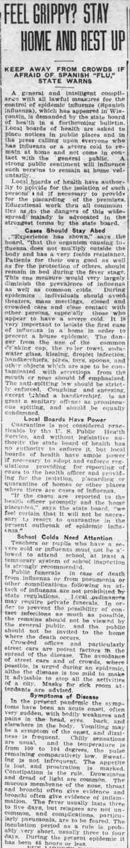 This article discusses what powers the health board possesses in regards to mandating quarantines. It seems generally agreed upon that the health board may placard houses where sickness is found. (Wisconsin State Journal, 10/06/1918)