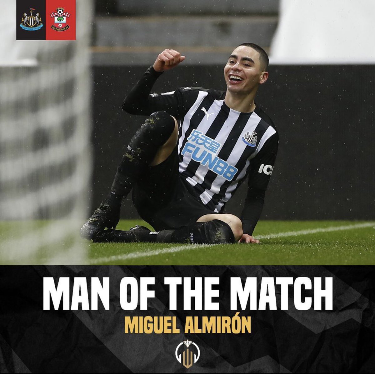 nufccloud's tweet photo. MOTM | Miguel Almirón 

His first brace for Newcastle United. What a performance! 🤩🇵🇾 #NUFC #NEWSOU https://t.co/1p3radmwCz