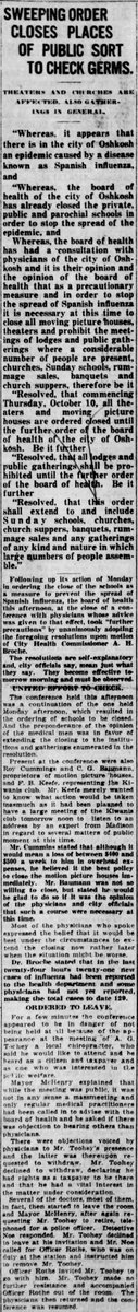 Oshkosh was one of the first cities in Wisconsin to close down public places to curb the spread of influenza. (Oshkosh Northwestern, 10/09/1918)