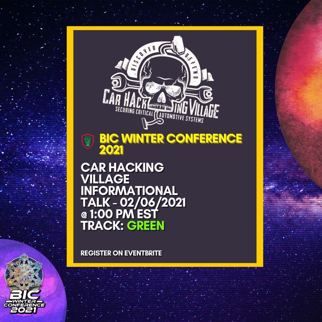 🚨 <a href="/CarHackVillage/">Car Hacking Village</a> on the #BIC_GreenTrack ! 

*Time Change* - 1:15 pm EST 

#BICWC2021 #LitLikeBIC #BlacksInCyber #BlackCyberBusiness