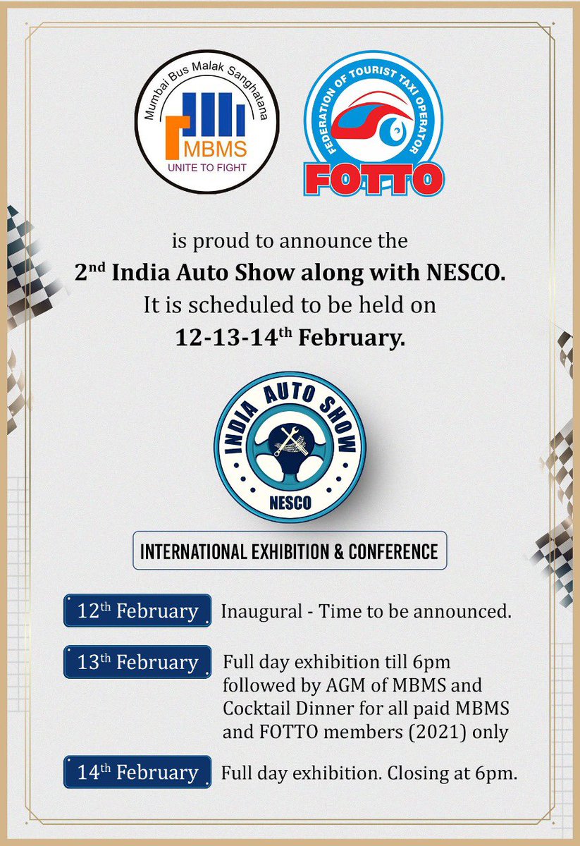 It is with immense pleasure that we invite all the Fleet Owners and Operators of Passenger Vehicles for *India Auto Show* scheduled to be held from 12th to 14th February 2021 at Bombay Exhibition Center, Goregaon, Mumbai. <a href="/MBMSBUS/">MBMS</a> <a href="/boci_newdelhi/">BOCI</a> <a href="/AITWA_India/">AITWA for Transports</a>