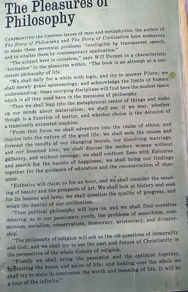 To a tweet asking for best book on introduction to philosophy, I suggested  #WillDurant ‘s  #ThePleasruesOfPhilosophy #Nostalgia made me reach out to it in my shelf & start reading it again. What a delightful prose; a treat to intellect. #Thread of excerpts 1/n